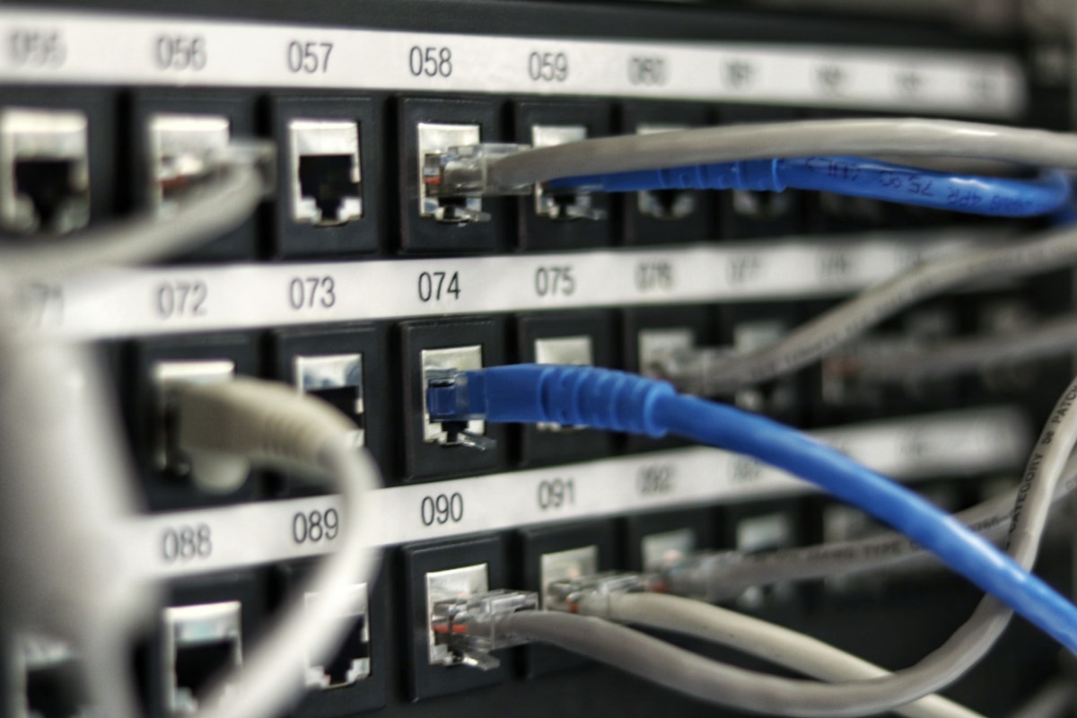 Network cables plugged into a labelled patch panel