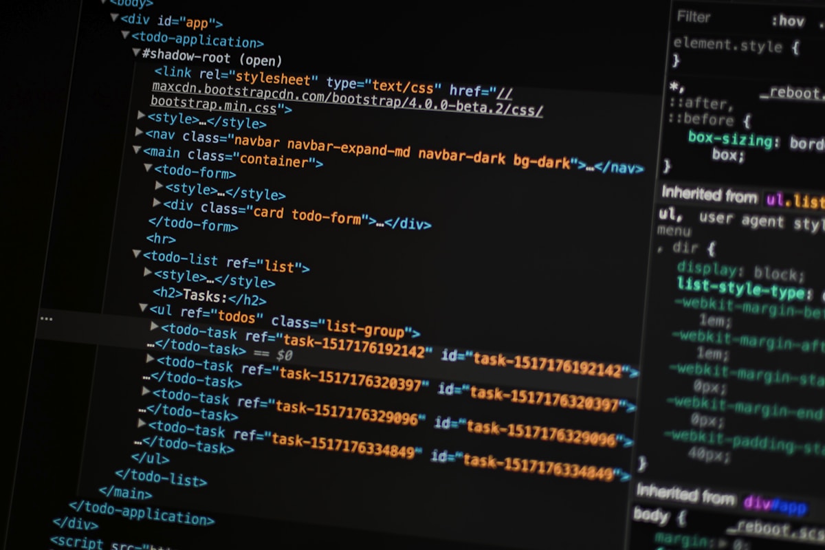 A developer console showing structured code and inspector panels